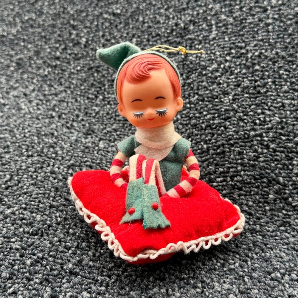Vintage Christmas Elf Pixie Ornament on Red Pillow Made in Japan Mid Century MCM